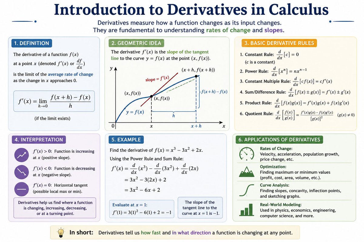mathbyjamesdele's tweet photo. 📘 Calculus starts to come alive with the Introduction to Derivatives! From understanding rates of change to finding the slope of a tangent line, derivatives help explain how things move, grow, and change in the real world. 🚀📈

 #Calculus #Derivatives #MathEducation #STEM #LearningMath