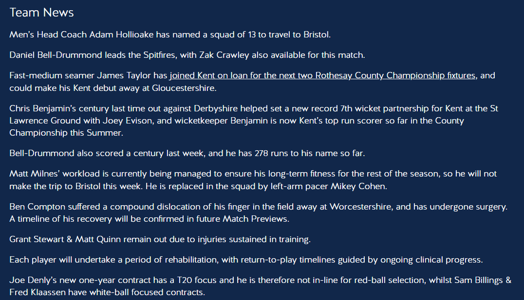 DanKingdom96's tweet photo. Absolutely love the amount of detail in the team news section of Kent's previews

If every county could do something like this, that would be loooooovely https://t.co/dN0Cmj4PoA