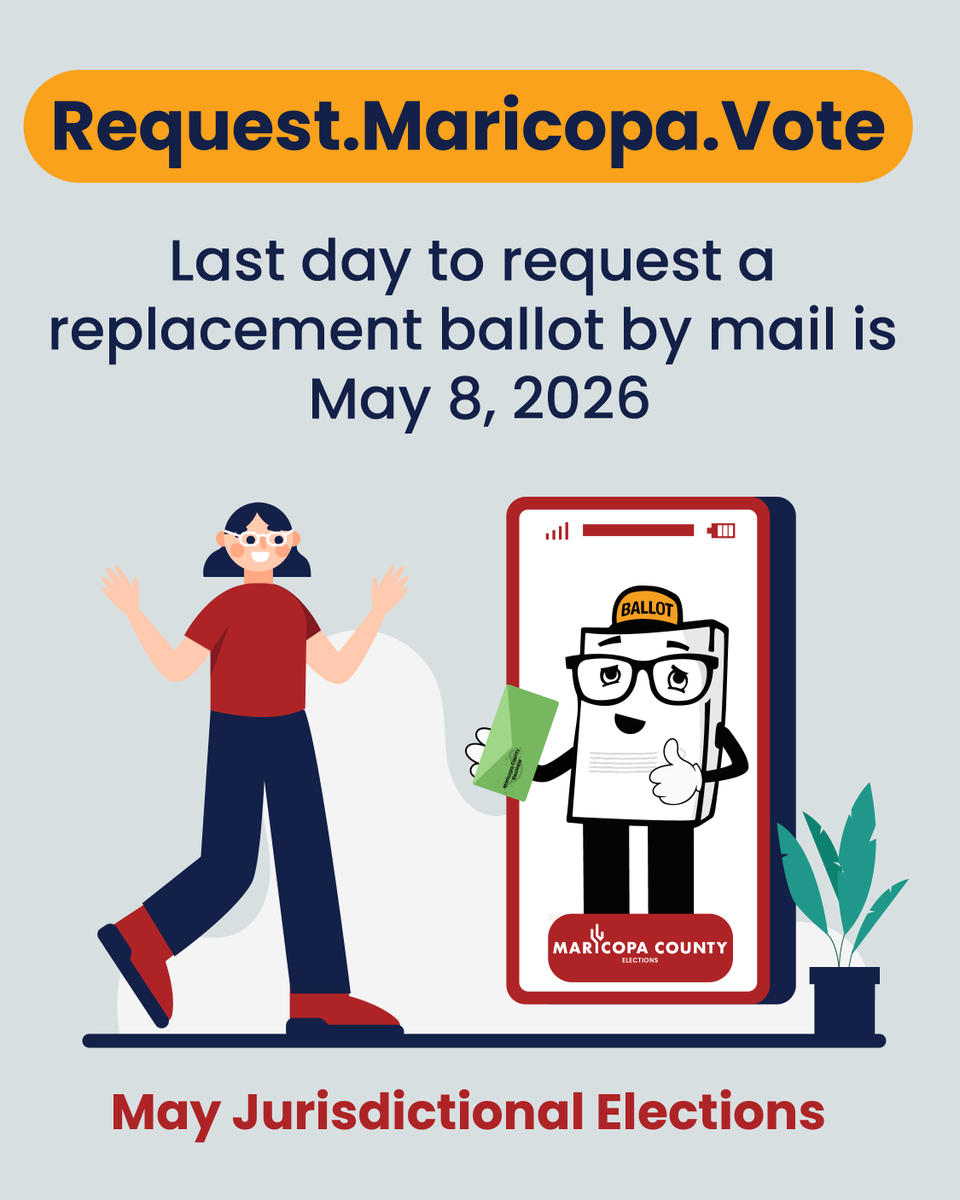 MaricopaVote's tweet photo. Tomorrow, May 8, is the last day to request a replacement ballot by mail for the May Jurisdictional Elections. To request a replacement ballot, visit https://t.co/KjeN8MUxb3!

Mañana, 8 de mayo, es el último día para solicitar una boleta de reemplazo por correo para las Elecciones Jurisdiccionales de mayo. Para solicitar una boleta de reemplazo, visite https://t.co/OStfYsgmgi.