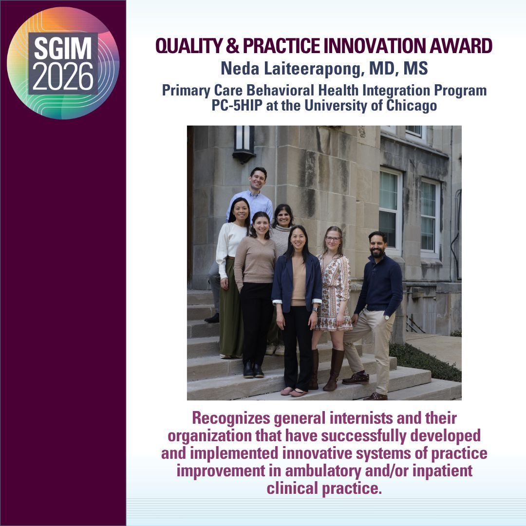 SocietyGIM's tweet photo. 🎉 Congratulations to our #SGIM26 Award Winner! 🎉

Please join us in celebrating Neda Laiteerapong, MD, MS and the team Primary Care Behavioral Health Integration Program PC-5HIP at the University of Chicago, recipient of the Quality and Practice Innovation Award. Their outstanding work exemplifies excellence in general internal medicine.

👏 Help us congratulate them in the comments!

#SGIM26 #AwardWinner #AcademicMedicine #InternalMedicine