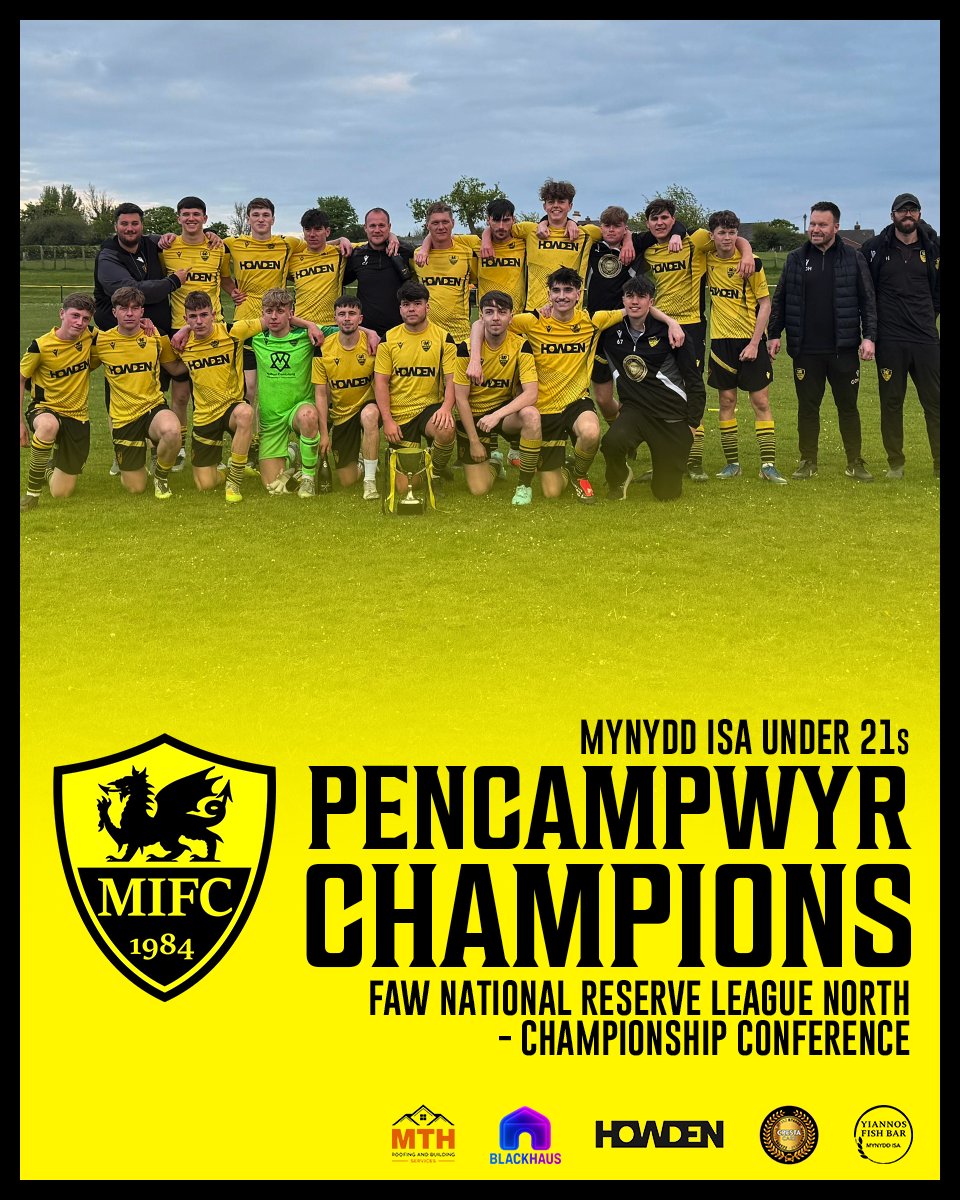 MynyddIsaFC's tweet photo. PENCAMPWYR 🏆

U21s
MIFC 4-1 Bala Town
Josh Holmes ⚽️⚽️
Fraser Dodd ⚽️⚽️

Congratulations to our U21s, who secured the FAW National Reserve League North - Championship Conference title last night! Well done to Greg &amp; all involved on an excellent season! #uptheisa 🟡⚫ https://t.co/hA7XTlYb79