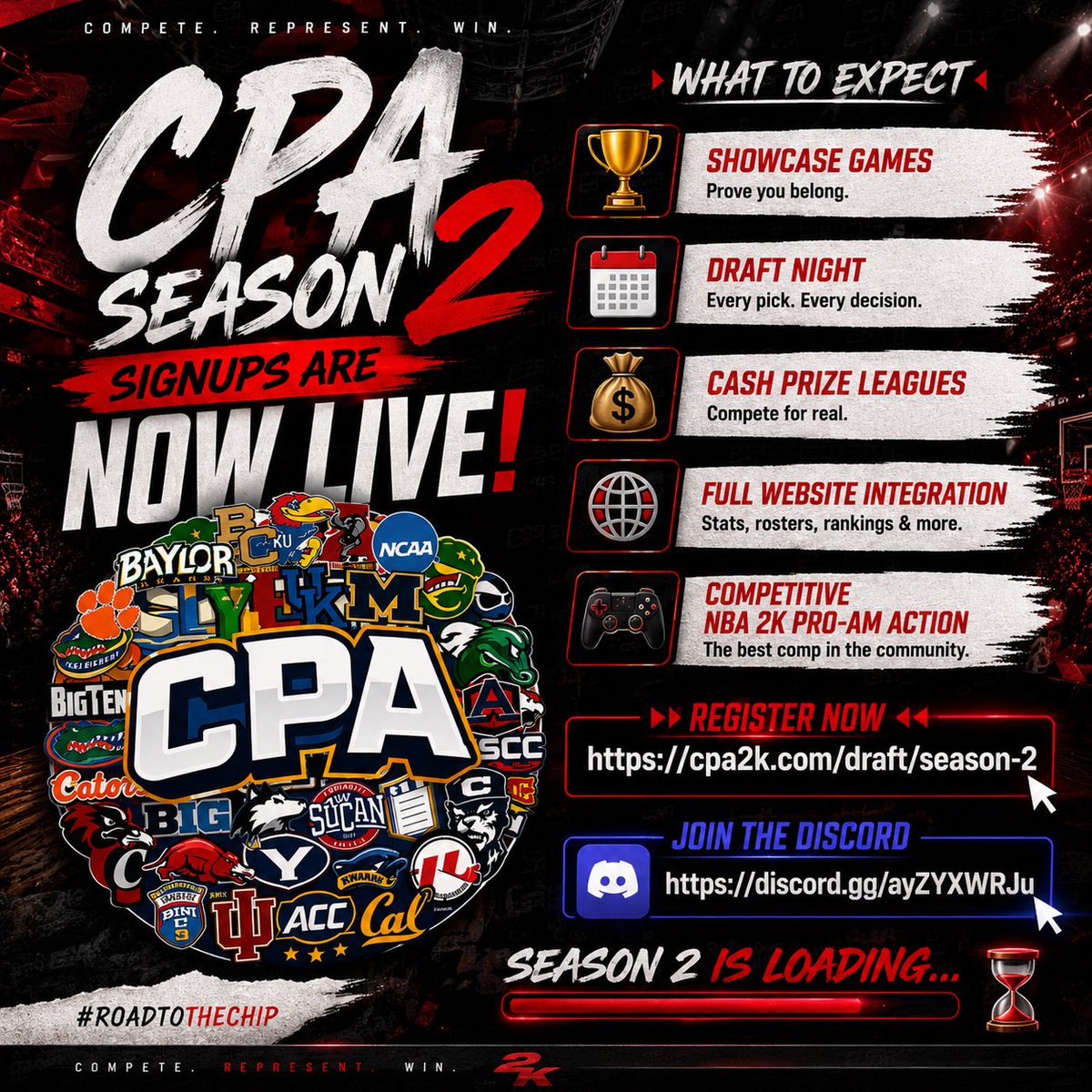 CPA2K_'s tweet photo. 🚨 CPA SEASON 2 SIGNUPS ARE NOW LIVE 🚨

Think you have what it takes to compete for the crown? 👀

🏆 Showcase games
🏀 Draft night
💰 Cash prize leagues
🔥 Full website integration
🎮 Competitive NBA 2K Pro-Am action

📝 REGISTER NOW:
https://t.co/S7US9OcNnW

💬 JOIN THE DISCORD:
https://t.co/ahVgTbQItt

Season 2 is loading… ⏳

#CPA #NBA2K #2KCommunity #ProAm #RoadToTheChip