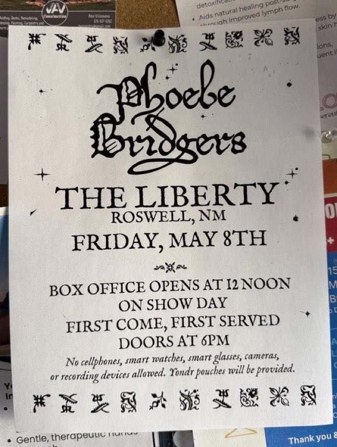 boygeniussource's tweet photo. Phoebe Bridgers is allegedly performing a no-phones show in Roswell, New Mexico tomorrow, May 8th 👀 https://t.co/9QPZ3mnfWQ
