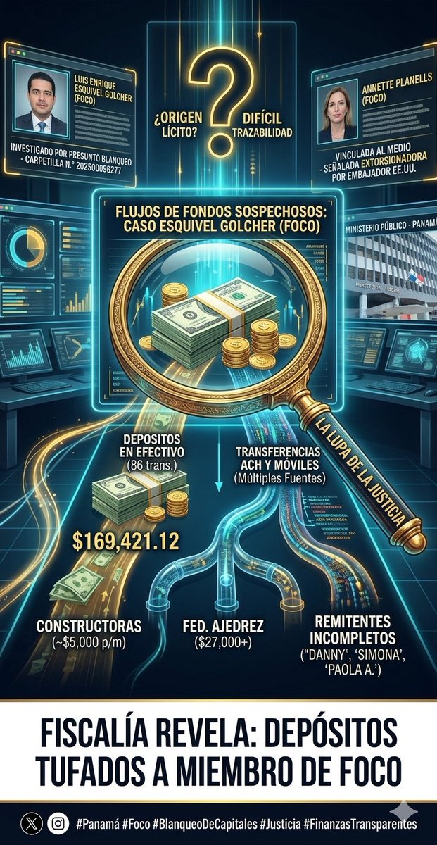 El Ministerio Público no anda con rodeos: 86 depósitos en efectivo que suman $169,421.12 en la cuenta de un miembro de Foco. La técnica de depositar por ventanilla sin libreta es una alerta roja de manual 🚩. #Panamá #FocoBajoLaLupa