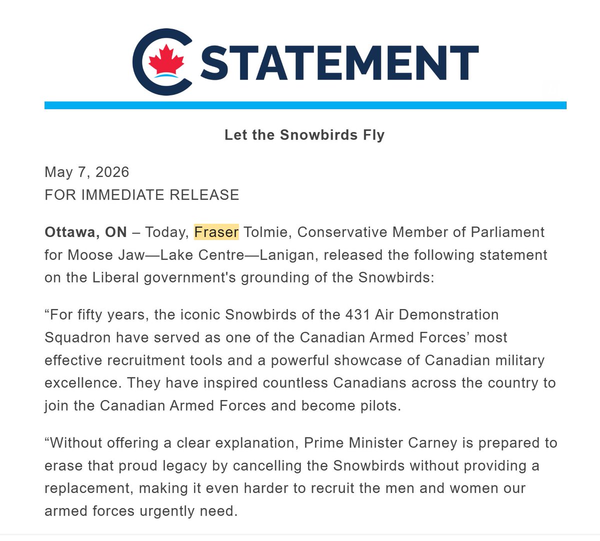 Hearing from DND that there is no plan to scrap the RCAF Snowbirds. The schedules for next summer, an issue the CPC  highlights, just haven't come out yet. (Apparently, they are usually released in the fall, per source.) Upgrading the ancient Tudor jets remains an ongoing issue.
