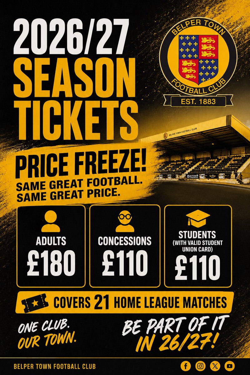 BelperTownFC's tweet photo. We were blown away by your support during the 25/26 season and would love to see you all back at the Raygar Stadium for another crack at promotion 🤞 https://t.co/fFtNjSALPs