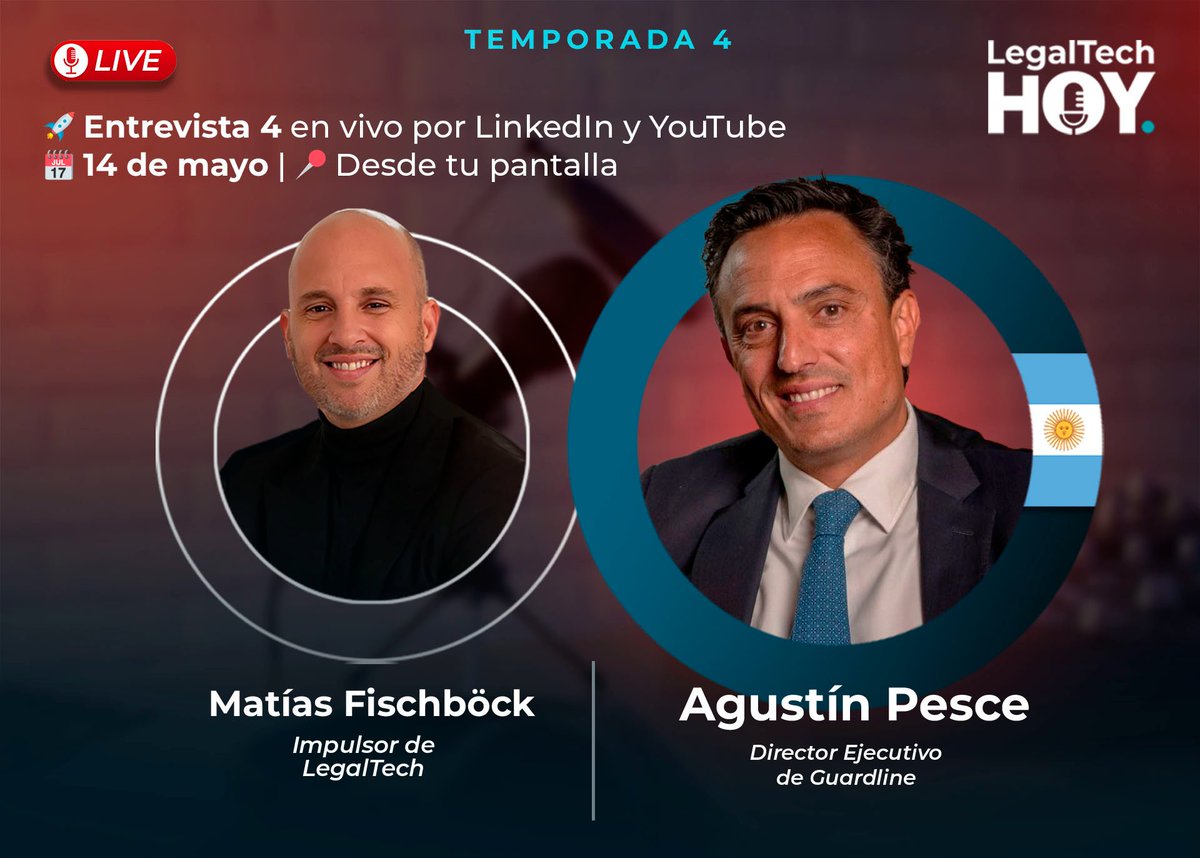 Legaltechhoy's tweet photo. Jueves 14 de mayo | 13:00 hs (ARG)

Nuestro host Matías Juan Fischböck conversará con Agustín Pesce, Director Ejecutivo en Guardline, sobre innovación, tecnología y el futuro del sector.

Si querés saber más, escribinos a auspicios@legaltechhoy.com https://t.co/OZk3lKOzDU