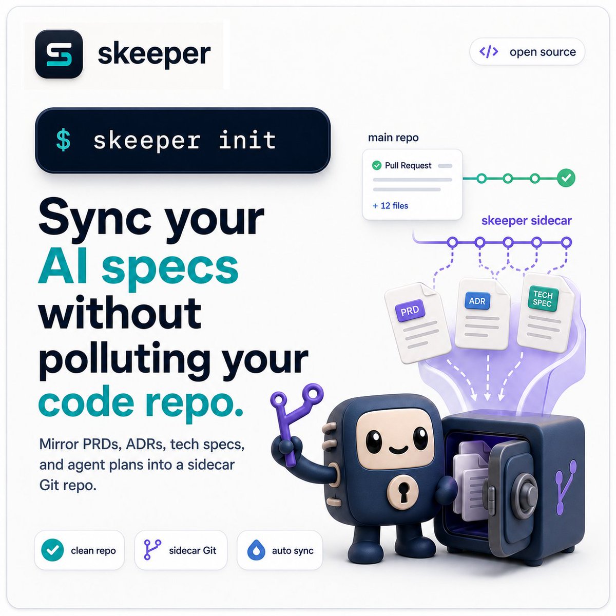 pedronauck's tweet photo. Introducing Skeeper ✨ and... I finally solved something anyone did until now

My PRs are full of AI-generated docs bloating my repo. But I don't want to delete them. They can be a HUGE source of information/context for other runs.

So I built skeeper. It mirrors spec files into a sidecar git repo on every commit. Main PR stays clean. Specs keep their full history.

Link bellow 👇🏻