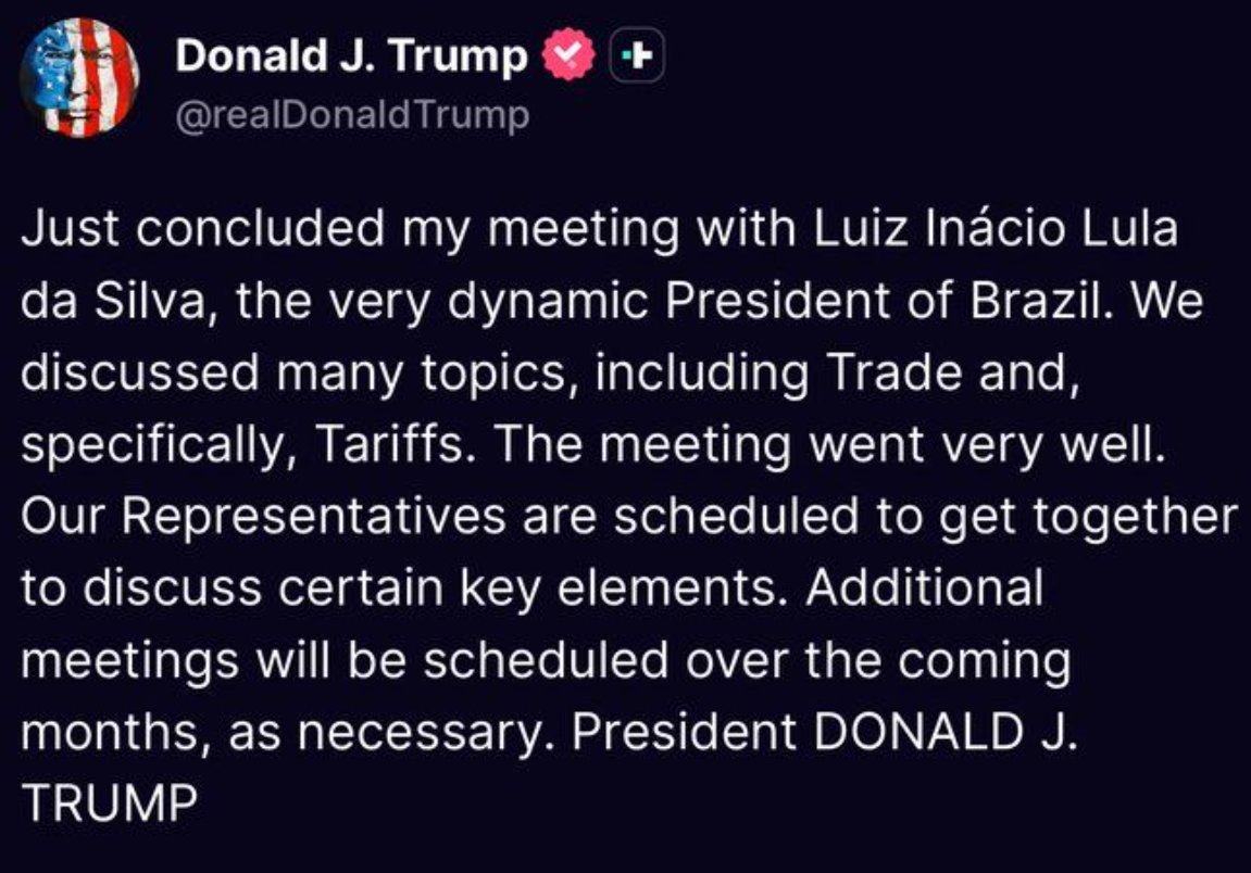 Trump acabou de postar que o encontro foi "muito bom" com o Descondenado, sobre "vários tópicos, como comércio e tarifas", e que novas conversas foram marcadas sobre assuntos chave entre as respectivas equipes, nos próximos MESES...

Traduzindo, foi um desastre.

A conversa deve