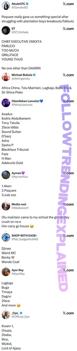 TrendingEx's tweet photo. Psquare is trending because for throwback Thursday, Nasboi asked Nigerians to make a thread of musicians they grew up loving.

The defunct band, P Square is the most mentioned. Followed by 2face Idibia, Dagrin, and surprisingly, Olamide Baddo.

African China, Olu Maintain, Wizkid, Ice Prince, Naeto C and even Zule Zoo were mentioned.

It’s been a while since we did a throwback mix, so we enjoy this little mix featuring DJ Jimmy Jatt, Mode 9, Soul E, Dagrin, Don Jazzy, Faze, Terry G and more..

Follow @TrendingEx for dailies