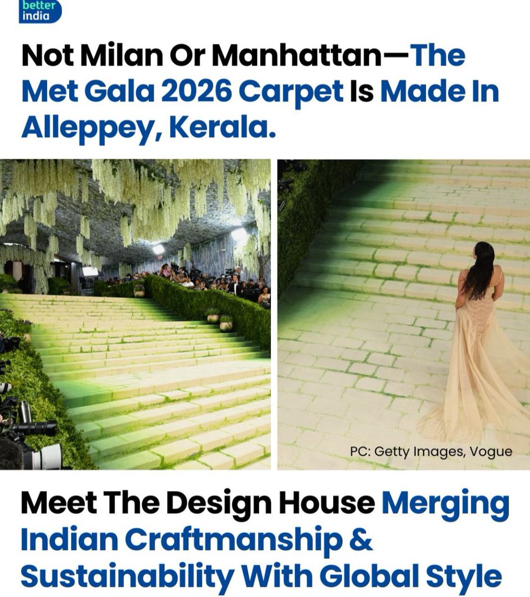ShashiTharoor's tweet photo. From the handwoven Kerala carpet by @NeyttExtraweave under their feet… to the stunning Raja Ravi Varma-inspired Manish Malhotra couture on @kjohar25 — Met Gala 2026 was pure Indian magic! ✨
Craftsmanship meets sustainability. Tradition meets haute couture. Kerala’s artisans & artistry shining on the world’s biggest stage.
Proud moment for India’s timeless weave of art, ecology & excellence! 🇮🇳
@ManishMalhotra @KeralaTourism
#MetGala2026 #KeralaToMet #IndianCouture #RajaRaviVarma #MadeInKerala