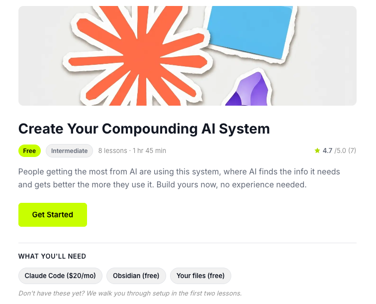 chasing_next's tweet photo. want to run claude + obsidian but dont know where to start? this is for you.

walks through set up, structure, &amp; processes to create an ai system that gets better the more you use it.

get the setup top ai users have, interactive &amp; personalized.

free. link below ↓ https://t.co/DhmS2lUvcA