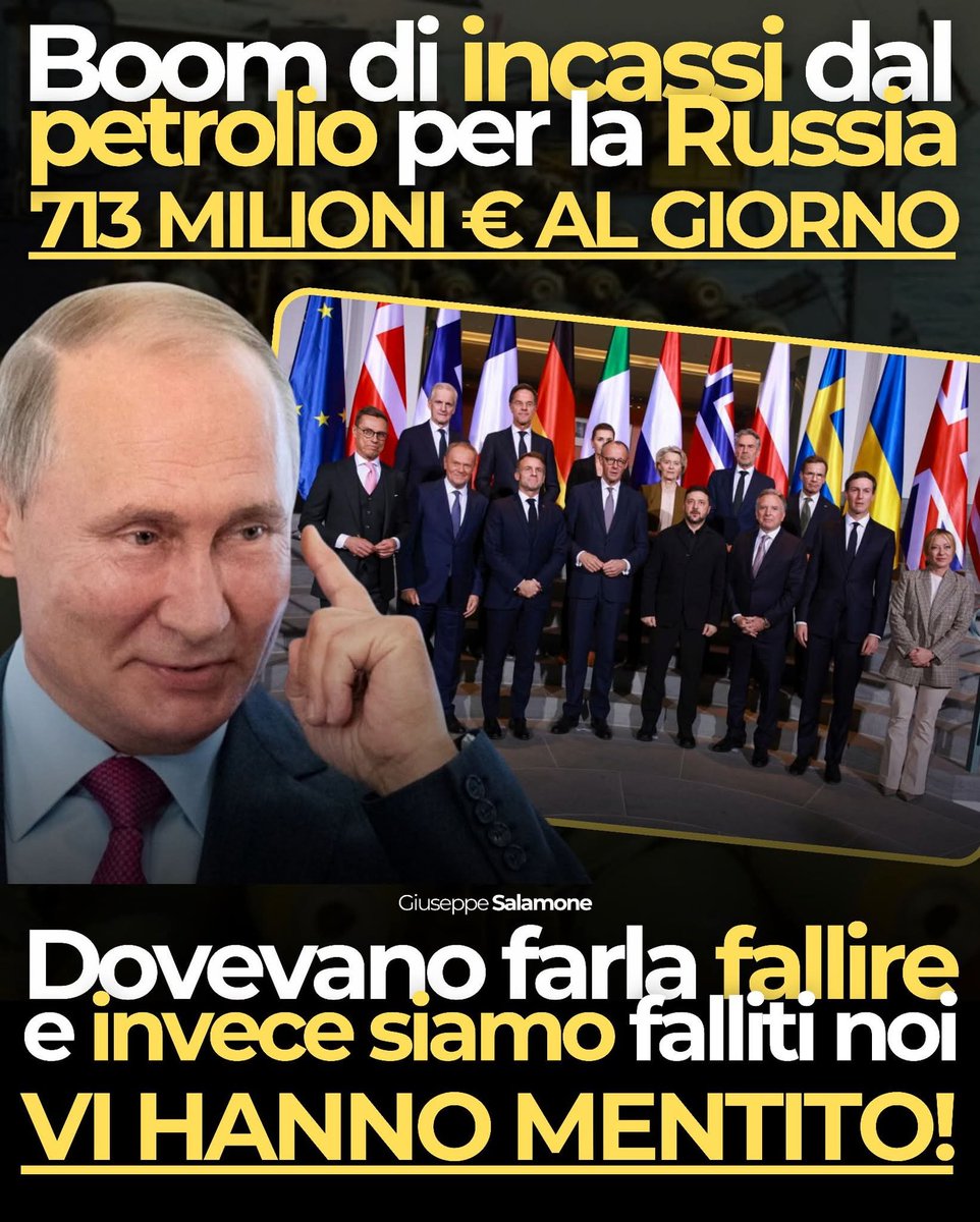 La #Russia nell'ultimo mese ha aumentato le entrate dalla vendita del petrolio via mare del 115%. Una cifra enorme!

#Europa #Ucraina #UE

La Russia incassa la cifra record di 713 milioni di euro al giorno dalla vendita del petrolio, la cifra più alta degli ultimi anni. E lo dice