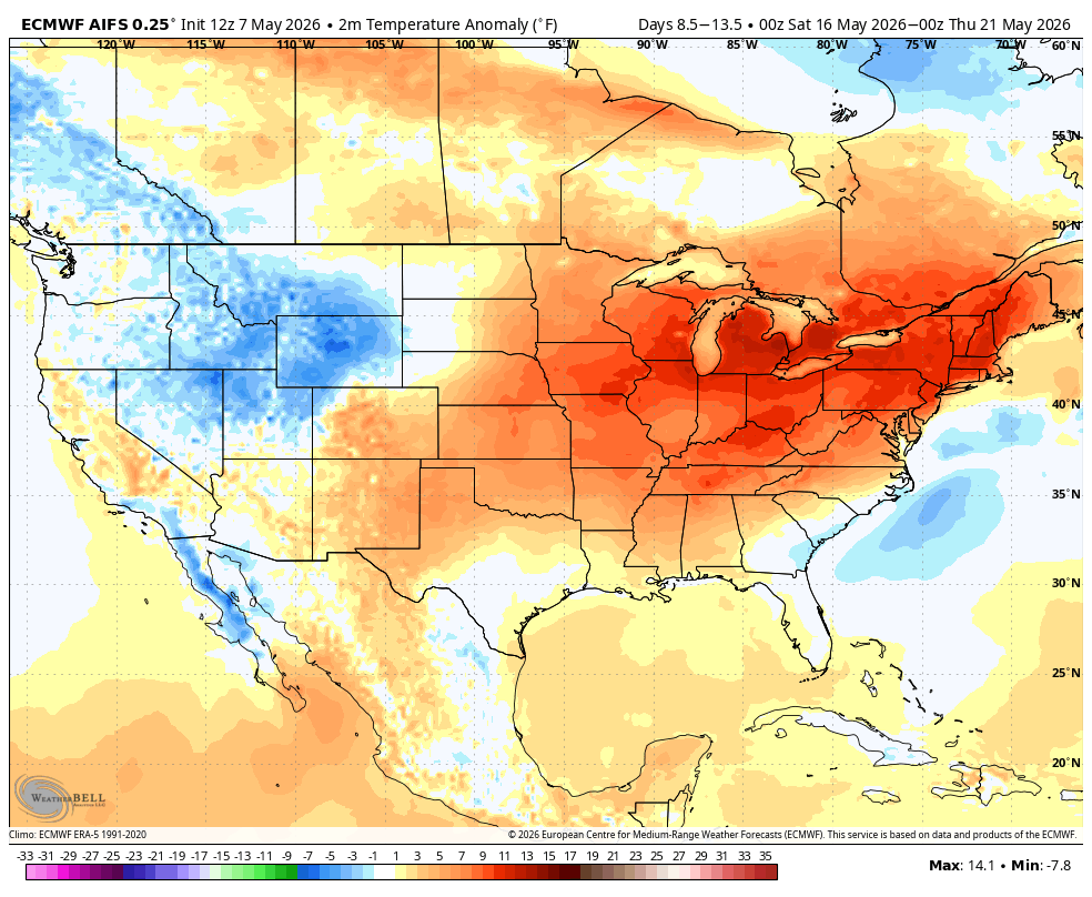 BigJoeBastardi's tweet photo. April 30, 2026 (your tweet at 21:51 GMT / ~5:51 PM ET). 
@BigJoeBastardi Exact post:"JMA sending MJO into warmer phases in mid and late May, with a ridge-over-troubled-waters correlation. 1) The out of season eastern cold lets up and even reversesy mid and late month." Bingo Front row Euro flipping and showing it. AI has a real live heat wave
