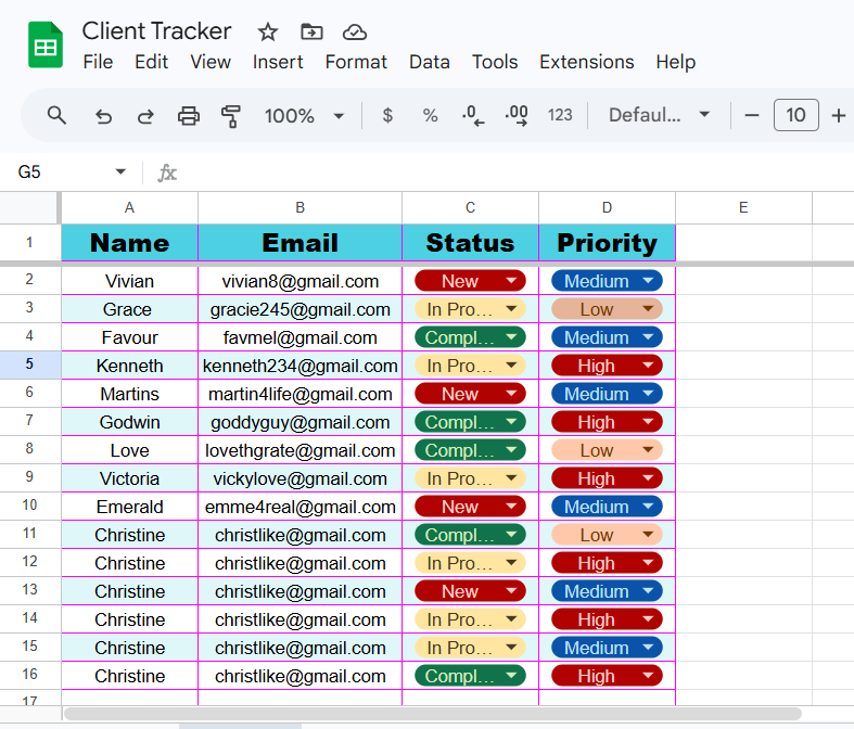staywithme245's tweet photo. Today, I used Google Sheets to build a client management tracker to improve workflow and admin efficiency.
I added:👇👇

#VirtualAssistant #15DaysMockProjectWithMarvie #GoogleSheet #ClientManagement @theglobalmarvie https://t.co/fRKhwBPt9f
