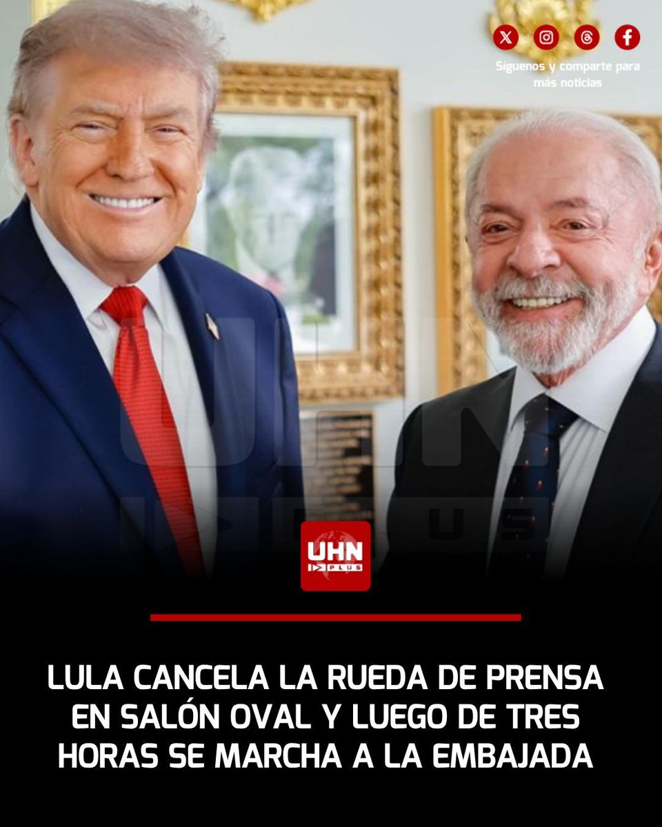 🇺🇸🇧🇷‼️| En Washington ya se habla de una reunión llena de tensión y desencuentros. Donald Trump recibió al socialista de Lula y tras tres horas de reunión a puertas cerradas, el brasileño decidió cancelar la rueda de prensa en el Salón Oval. Tras ello, Lula pidió irse a la