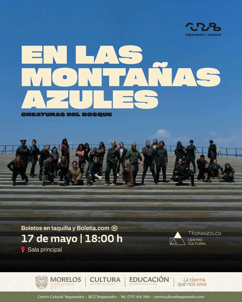 PedroTonantzin's tweet photo. ESTRENA TALENTO ESCÉNICO MORELENSE “EN LAS MONTAÑAS AZULES” EN EL CENTRO CULTURAL TEOPANZOLCO

El próximo 17 de mayo, el (CCT), recibirá “En las montañas azules”, puesta en escena que articula teatro, música y danza para construir una fábula apocalíptica sobre la supervivencia. https://t.co/RplDEKY7wU
