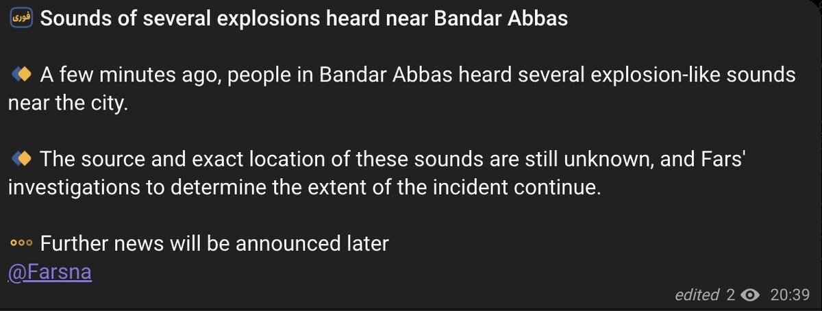 Breaking: Several explosions heard around Bandar Abbas in southern Iran, according to Iranian state TV