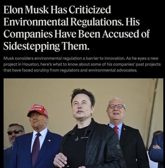 Let's just quit the bullshit that Elon is some sort of savior of the planet. He thinks environmental regulations are stupid, and you are shilling for him as an "environmentalist".