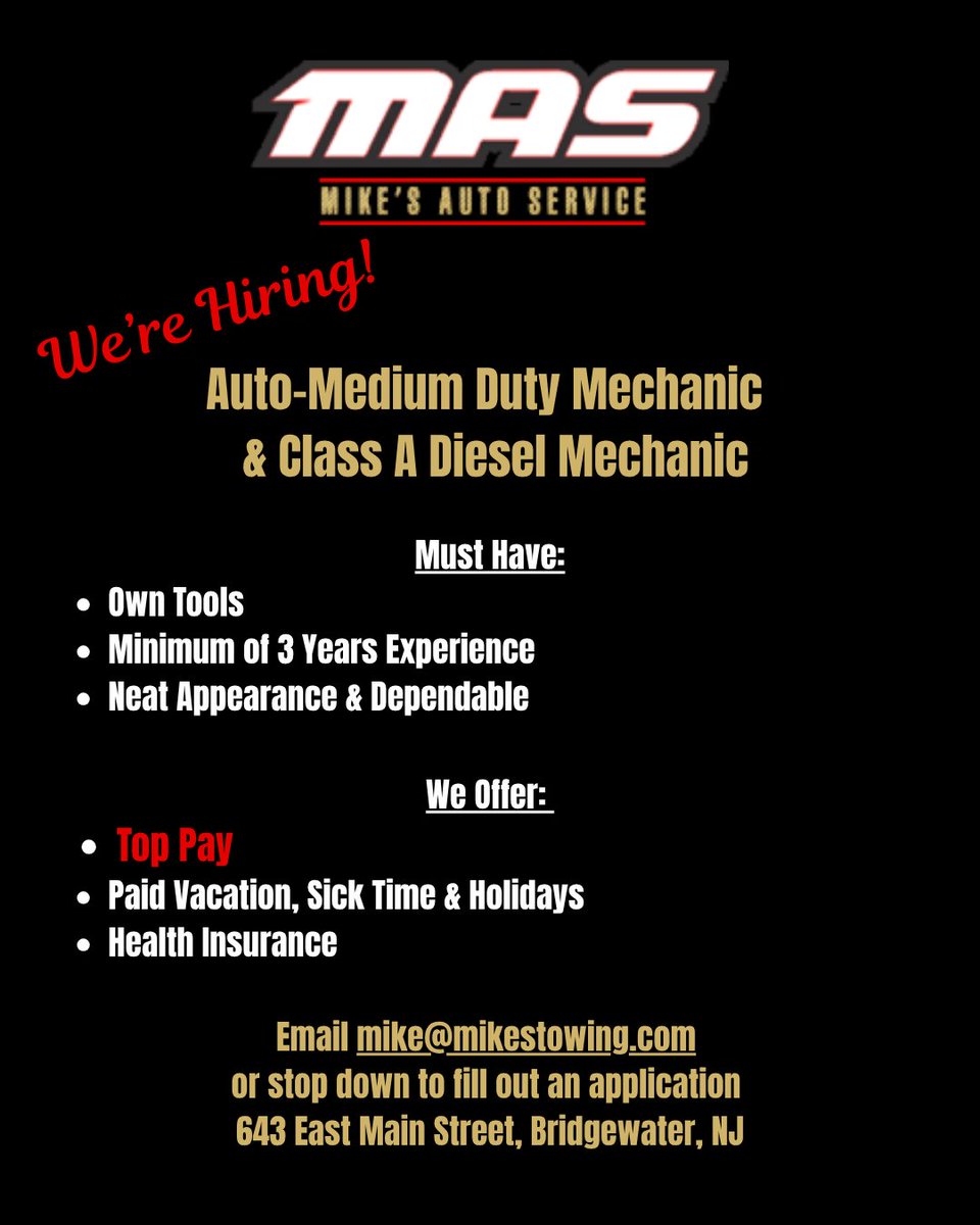 MAS_MTR's tweet photo. Our sister company, Mike's Auto Service is hiring! Ready to join a great team? Email Mike today if you are interested in EXCELLENT PAY &amp; BENEFITS. mike@mikestowing.com
#DieselMechanicWantedNJ #MikesAutoServiceNJ #HiringMechanicsNJ https://t.co/Rt326e3YUy