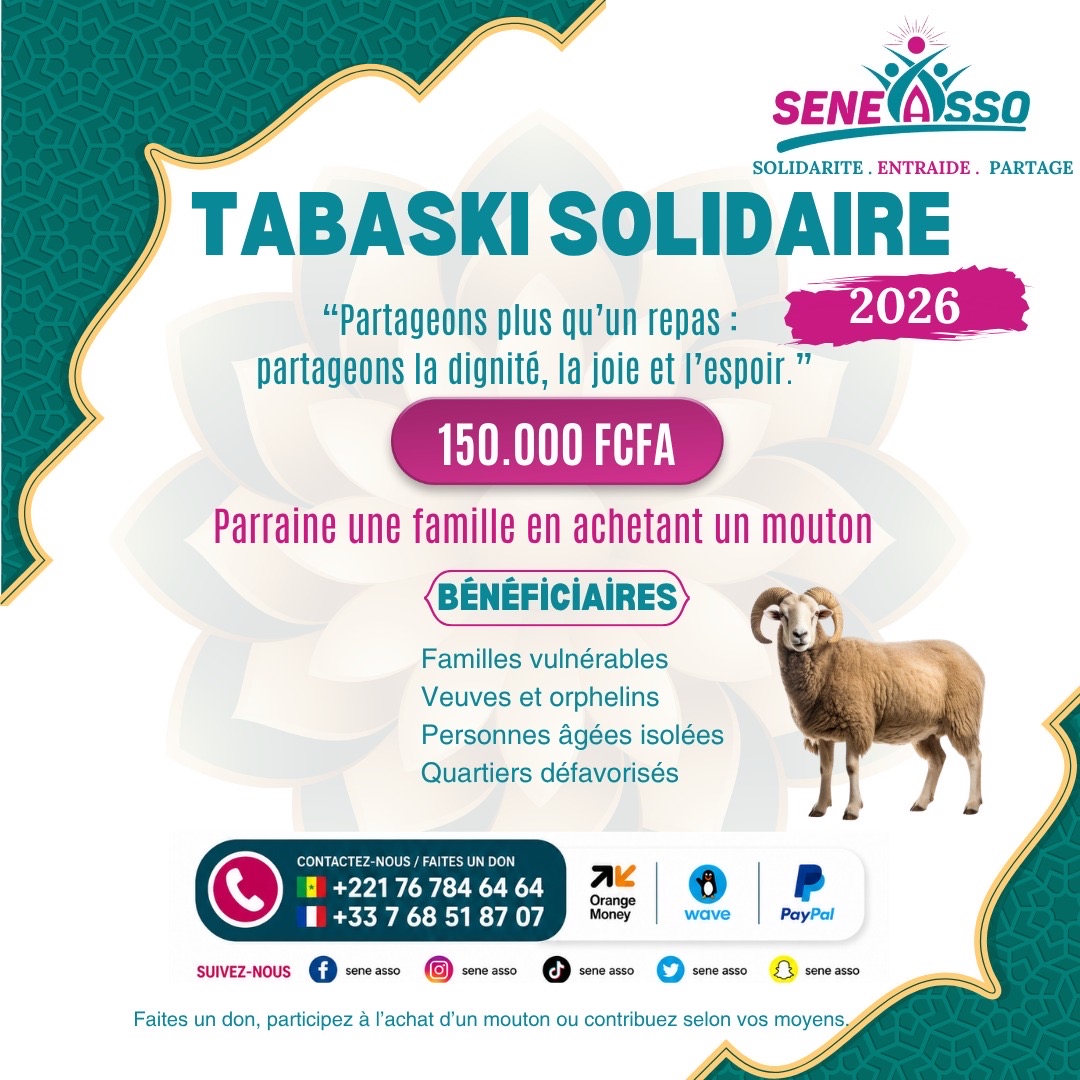 AssoSene's tweet photo. TABASKI SOLIDAIRE 2026✨

La collecte est lancée 🥳

Comment participer ?
- 150.000 Fcfa : un mouton pour une famille
- 50.000 Fcfa : à 3 pour une famille
- don libre : huile, oignons, pommes de terre,…

Nous comptons encore une fois sur votre générosité ☺️❤️

#TabaskiSolidaire https://t.co/mcBJPFJr11