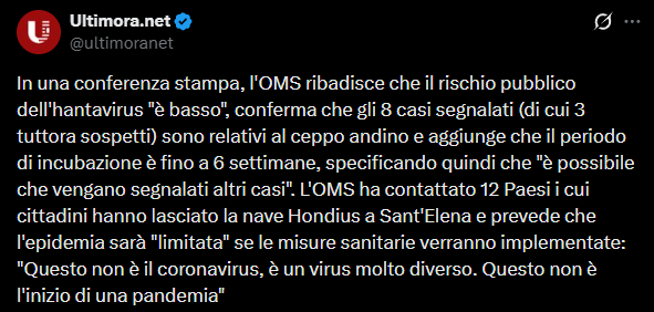 VCaccianemico's tweet photo. l'OMS che oggi butta acqua sul fuoco e tranquillizza tutti per l'hantavirus è lo stesso ente che a luglio 2022 dichiarava l'emergenza internazionale per il vaiolo delle scimmie.
dura la vita senza i soldi USA, eh?
come si cambia, per non morire...
#defundtheWHO https://t.co/rf5W0Wr30Y
