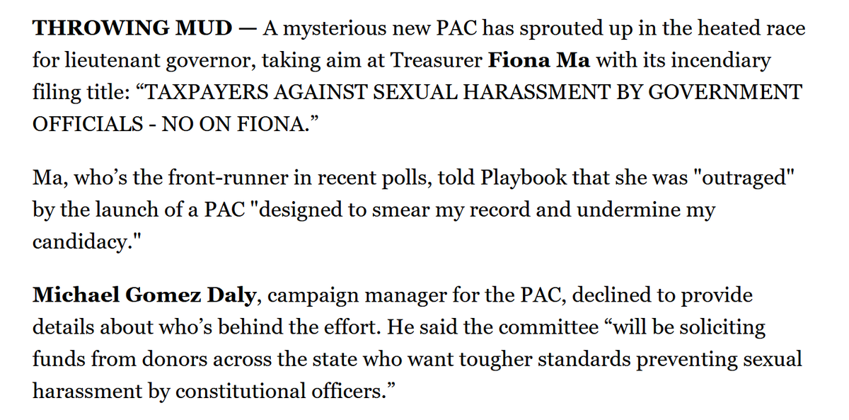 rpyers's tweet photo. per new reporting in @PoliticoCA's AM playbook, the committee is being run by the political director for the progressive California Donor Table, who are backing former Stockton Mayor Michael Tubbs in the Lt. Governor's race. https://t.co/GTWXtXSQQT