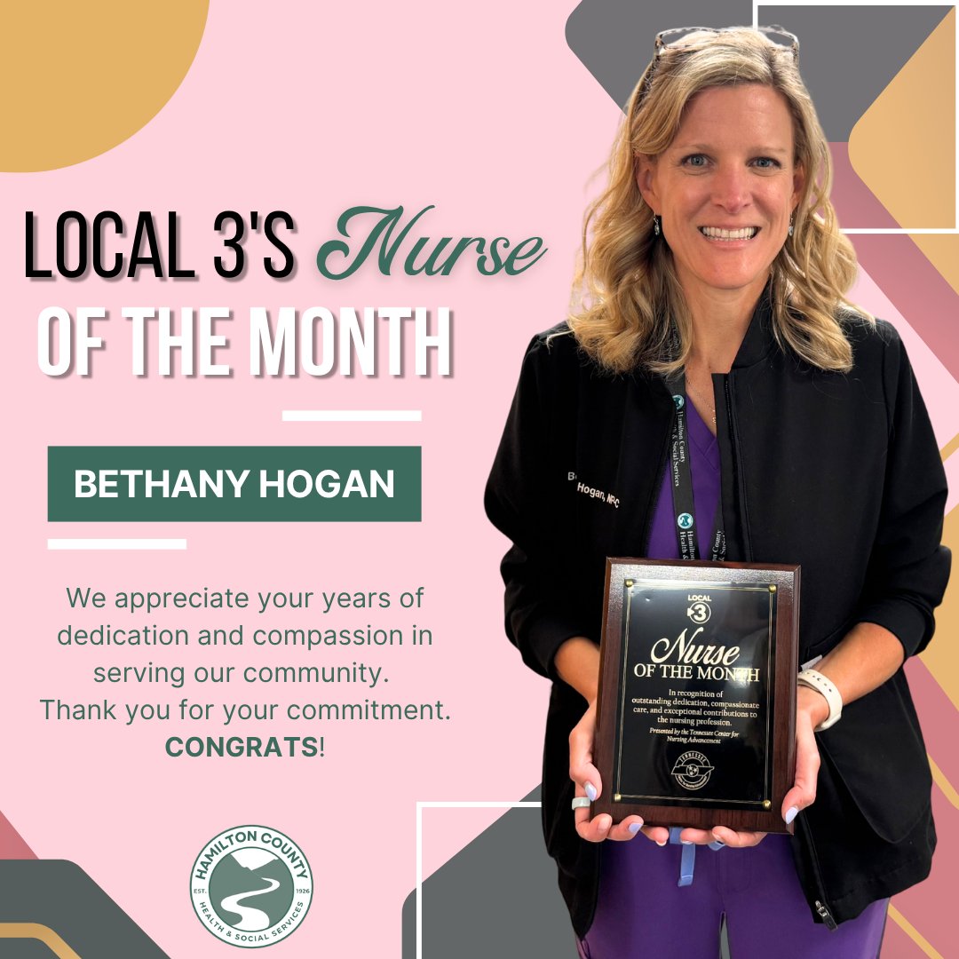HamiltonHealth's tweet photo. Recently, Local 3 News honored Bethany Hogan as Nurse of the Month for May. 

Bethany serves as a nurse practitioner for the Hamilton County Health Department and has dedicated many years to the community. Her unwavering commitment and compassion towards her patients truly stand out. 

Please join us in congratulating Bethany on this well-deserved recognition. Thank you for all that you do for our patients. 

Watch her story here: https://t.co/zOko9Z62nr