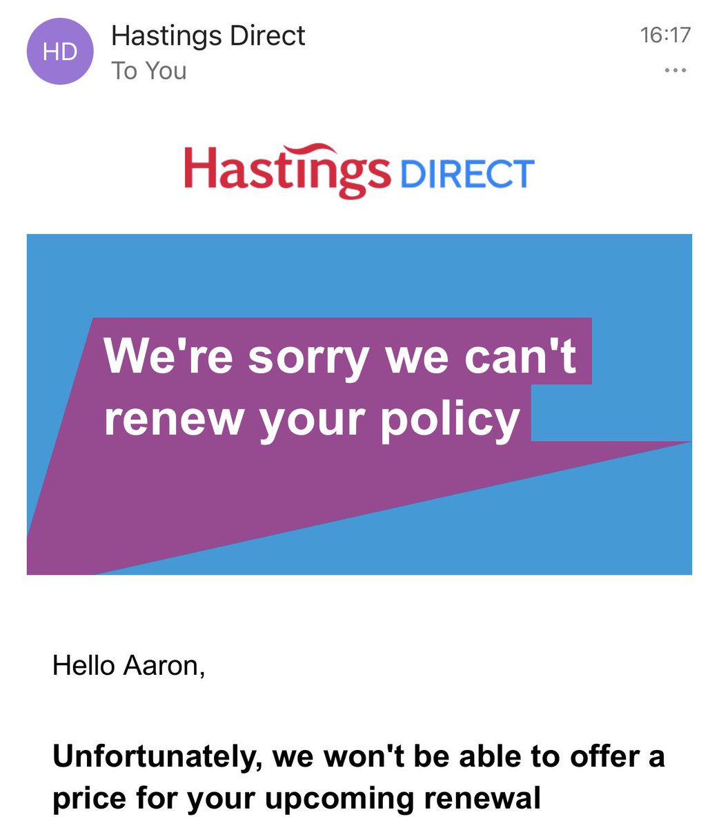 aaronjjoyce's tweet photo. What on earth @HastingsDirect ?! Why did I get an email on 22/04/26 with a renewal quote which I was quite happy with to then today on 07/05/26 go to getting an email saying that you can’t renew my policy?!!!! Leaving me the joy of having to shop around for a new provider?!!! https://t.co/3xo5rTKWcx