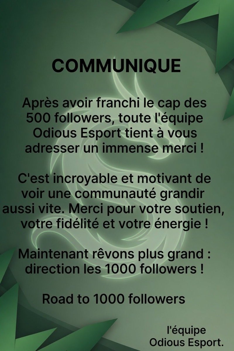 OdiousEsport's tweet photo. COMMUNIQUÉ ODIOUS ! 

Nous vous remercions pour les 500 followers ! 🎉

#BeOdious 🐉 https://t.co/uDuO9NIOQe