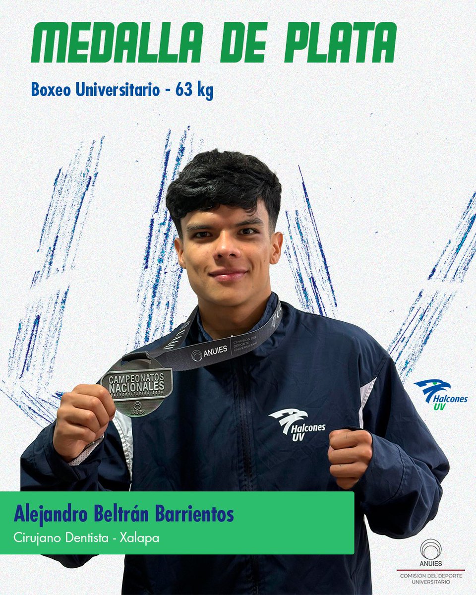 DeporteUV's tweet photo. 🥈¡Medalla de Plata para Alejandro Beltrán Barrientos!
Su disciplina, agilidad y fuerza, guiaron a nuestro halcón de boxeo universitario, obteniendo el segundo lugar en la categoría 63kg. 🥊

¡Felicidades, eres nuestro #OrgulloUV! 🦅

#boxeouniversitario #cnanuies2026 #conade https://t.co/bXfRffsHwC
