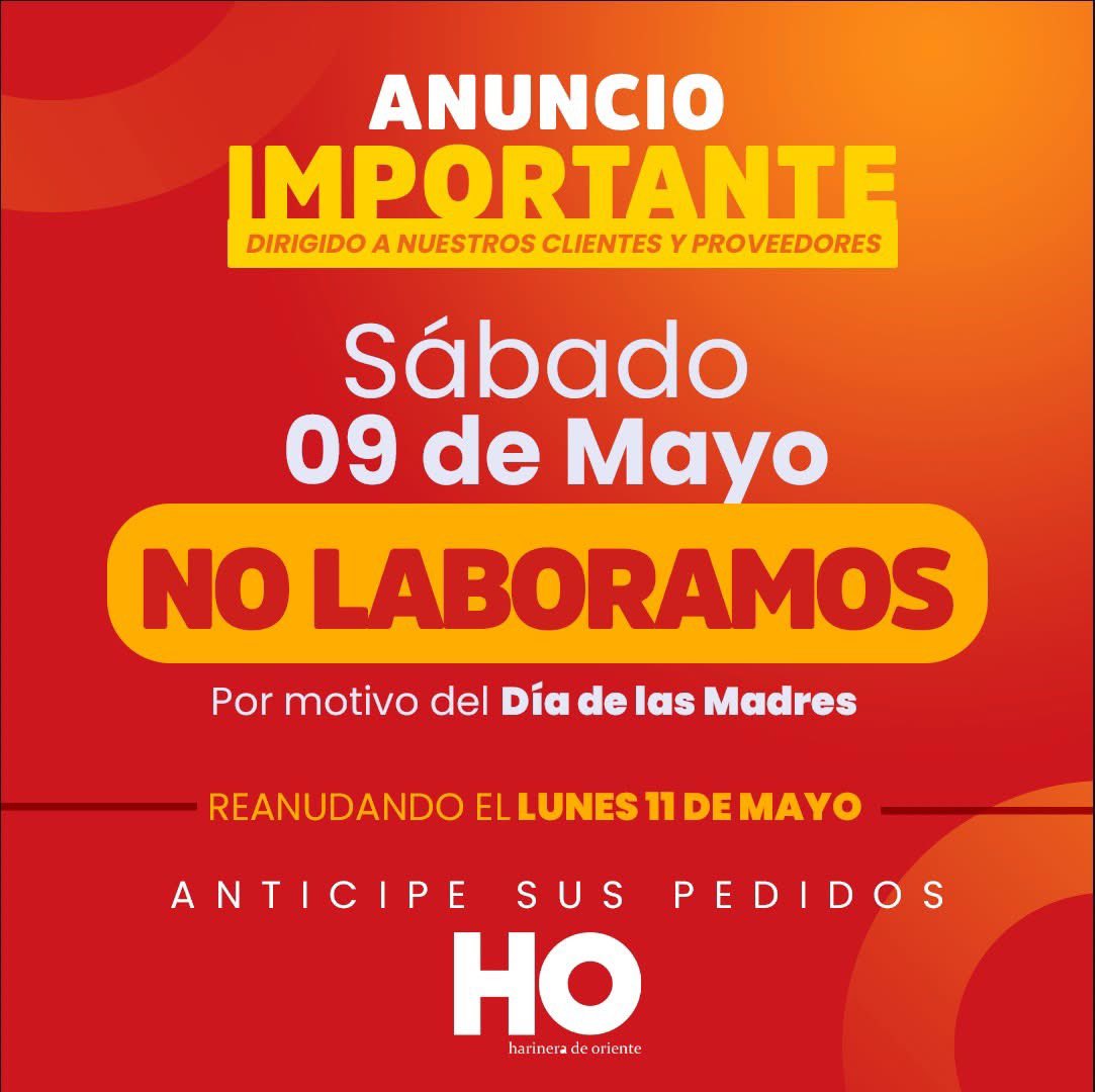 CHOSAPuebla's tweet photo. Anuncio Importante
A nuestros clientes y proveedores:
Por motivo del día de las madres no laboramos el día sábado 9 de mayo, reanudando actividades el día 11 de mayo.
Anticipe sus pedidos https://t.co/LQQ0EkXk73