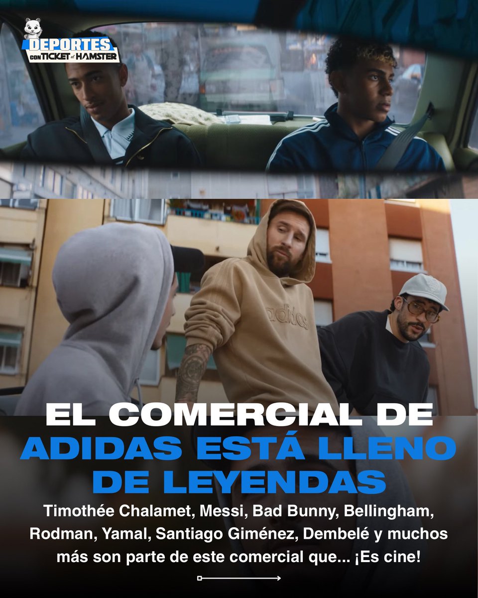 ticketelhamster's tweet photo. 🚨 ADIDAS ROMPIÓ INTERNET 🚨

Adidas acaba de soltar su primer comercialazo rumbo al Mundial 2026 ⚽🔥
Se llama “Backyard Legends” y dura 5 minutos. Prácticamente una película donde Timothée Chalamet aparece junto a Bad Bunny y Messi 🐐

Pero el momento que rompió todo: Zidane, Beckham y Del Piero recreados con IA jugando fut de barrio 👽✨

Del otro lado, la nueva generación:
Lamine Yamal 🇪🇸 · Jude Bellingham 🏴󠁧󠁢󠁥󠁮󠁧󠁿 · Trinity Rodman 🇺🇸

También aparecen Dembélé, Raphinha, Pedri, Wirtz y Giménez 🇲🇽💚

¿Ya lo viste completo? Cuéntanos qué te pareció 👇🏼💬

#Mundial2026 #adidas #BadBunny #BackyardLegends #TicketelHamster
