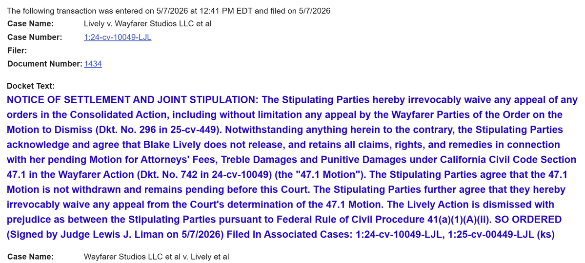 In Lively v Baldoni Judge Liman has this afternoon signed off, noting "Blake Lively does not release, &amp; retains all claims, rights, &amp; remedies in connection with her pending Motion for Attorneys' Fees, Treble Damages &amp; Punitive Damages pending before this Court"