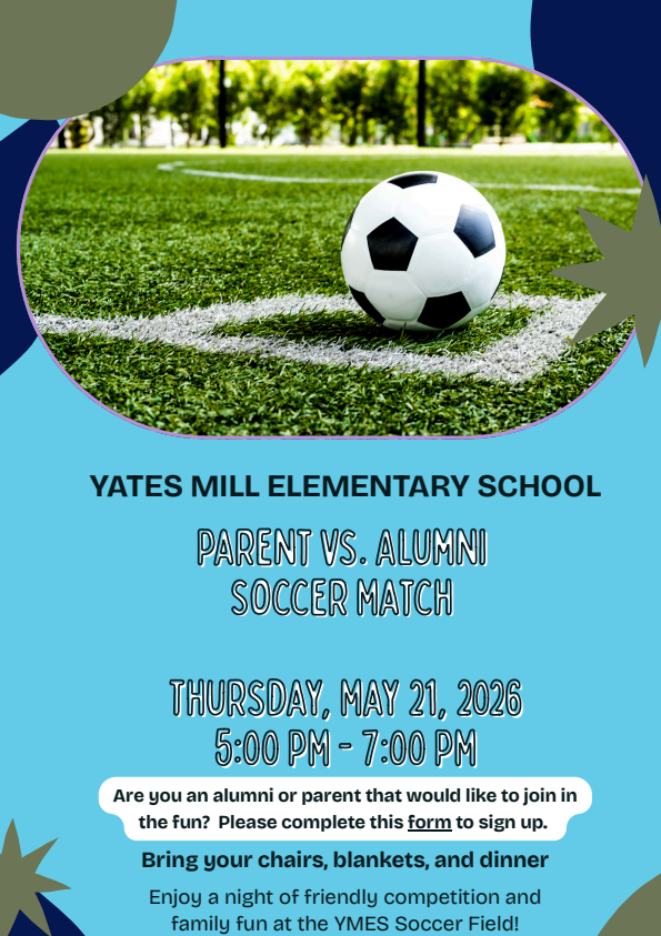 RobianeM's tweet photo. ⚽️ YMES Parent vs. Alumni Soccer Match ⚽️
Thursday, May 21 | 5:00–7:00 PM
Join us for an evening of fun, fellowship, and friendly competition!
🎓 Alumni interested in playing should complete this form https://t.co/2mhlMQlaYv
#YMES #CommitToTheClimb
@cindirparker @Yates_Mill https://t.co/E1jZUmQ2TN