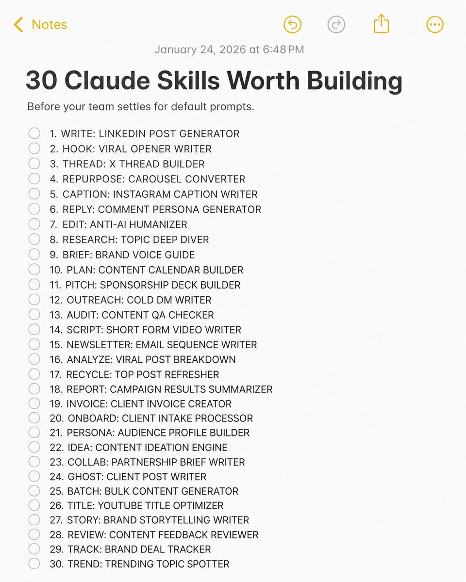 socialwithaayan's tweet photo. I built 30 Claude Skills this year.

Now Claude handles my content workflow
without me re-explaining anything.

Here's every Skill worth building
as a content creator:

Writing & Publishing
↳ Write → LinkedIn Post Generator
↳ Hook → Viral Opener Writer
↳ Thread → X Thread Builder
↳ Caption → Instagram Caption Writer
↳ Script → Short Form Video Writer
↳ Newsletter → Email Sequence Writer
↳ Ghost → Client Post Writer
↳ Story → Brand Storytelling Writer

These 8 cover every content format.
I describe the topic. Claude writes it.

Repurposing & Recycling
↳ Repurpose → Carousel Converter
↳ Recycle → Top Post Refresher
↳ Batch → Bulk Content Generator
↳ Title → YouTube Title Optimizer

One post becomes 5 formats.
Claude handles the conversion.

Research & Ideation
↳ Research → Topic Deep Diver
↳ Idea → Content Ideation Engine
↳ Trend → Trending Topic Spotter
↳ Analyze → Viral Post Breakdown

I never run out of content ideas.
These 4 skills feed my calendar weekly.

Quality & Brand Control
↳ Edit → Anti-AI Humanizer
↳ Audit → Content QA Checker
↳ Review → Content Feedback Reviewer
↳ Brief → Brand Voice Guide
↳ Reply → Comment Persona Generator

Nothing leaves my desk without
running through these 5 first.

Planning & Strategy
↳ Plan → Content Calendar Builder
↳ Persona → Audience Profile Builder
↳ Report → Campaign Results Summarizer

Strategy used to take me hours.
Now it takes one prompt each week.

Client & Business Ops
↳ Pitch → Sponsorship Deck Builder
↳ Outreach → Cold DM Writer
↳ Onboard → Client Intake Processor
↳ Collab → Partnership Brief Writer
↳ Invoice → Client Invoice Creator
↳ Track → Brand Deal Tracker

From cold outreach to final invoice.
6 skills cover the full client cycle.

30 skills. 6 categories.

A prompt is a one-time instruction.
A skill is a permanent playbook.

Build once. Run forever.

Which workflow would you automate first?

Follow Muhammad Ayan ♻️ Repost to help others.