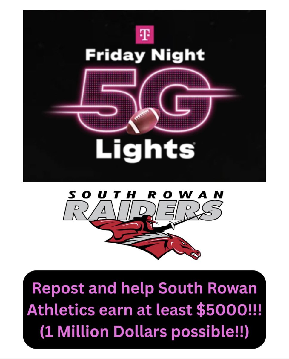 SRowanAthletics's tweet photo. South Rowan Athletic’s entered the @TMobile Friday Night Lights contest!  They’re celebrating H.S. Football, giving upgrades to schools and awarding a $1 Million game-changing grand prize!  “Why Not Us”!!  
*Repost this everywhere &amp; often!
https://t.co/fqvZoQ1TKQ
#entry #fn5gl https://t.co/Ak3CyY91Zg