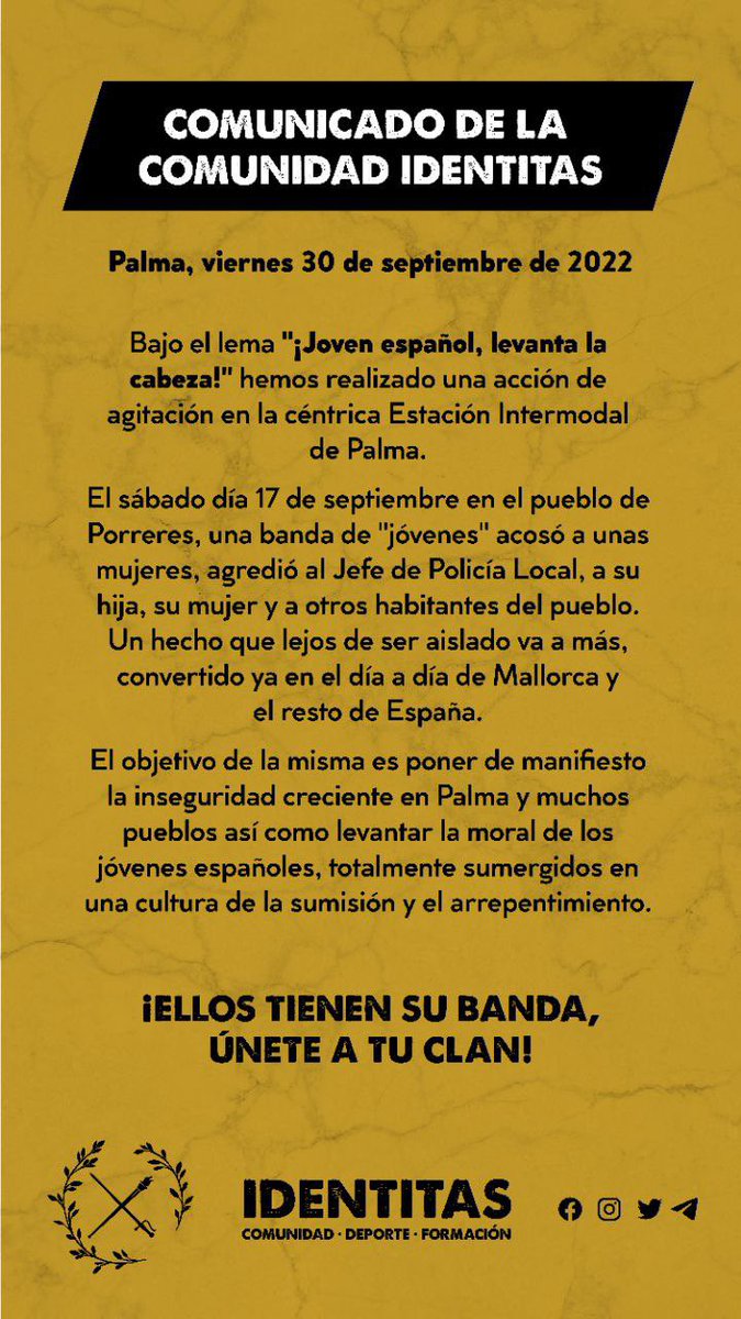 _identitas's tweet photo. 📸 Septiembre de 2022, nos movilizamos en la céntrica Estación Intermodal de #Palma para denunciar el enésimo caso de violencia multicultural. 

👉🏻 El objetivo siempre ha sido doble: Por un lado, levantar la moral de nuestro pueblo, y por otro, exigir soluciones políticas. https://t.co/QIsXuCj6ua