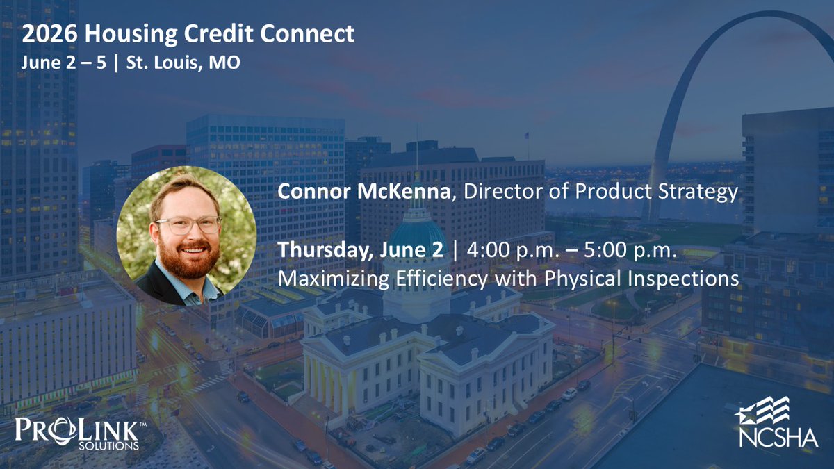 ProLinkSolution's tweet photo. We are excited to announce that ProLink is participating in an industry panel at NCSHA's Housing Credit Connect this year!

Connor McKenna, Director of Product Strategy, will be participating in Maximizing Efficiency with Physical Inspections on Thursday, June 2nd  4- 5 p.m. https://t.co/g9nek6mCq9