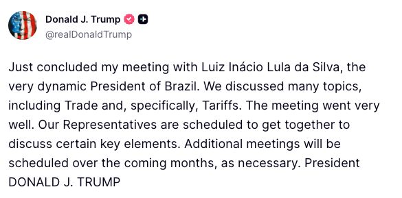 FoxNews's tweet image. NEW: President Trump reports his meeting with "the very dynamic" Brazilian President Lula da Silva went "very well."

The meeting focused on trade and tariffs.

The president signaled that further high-level meetings are scheduled as the two nations look to coordinate on "key