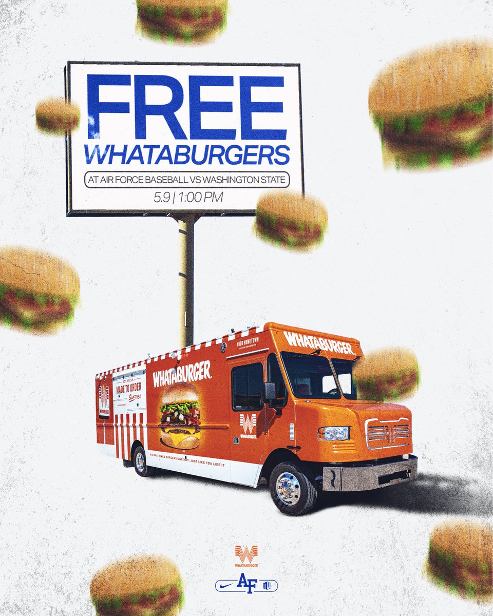 AF_Baseball's tweet photo. Baseball and h̶o̶t̶d̶o̶g̶s̶ Burgers! 🍔⚾️ 

Thanks to @whataburger fans attending Saturday’s game can score a free burger! Come out to the ballpark, grab a burger, and enjoy a great day at the game.

#FlyFightWin https://t.co/oNM71AAwnb