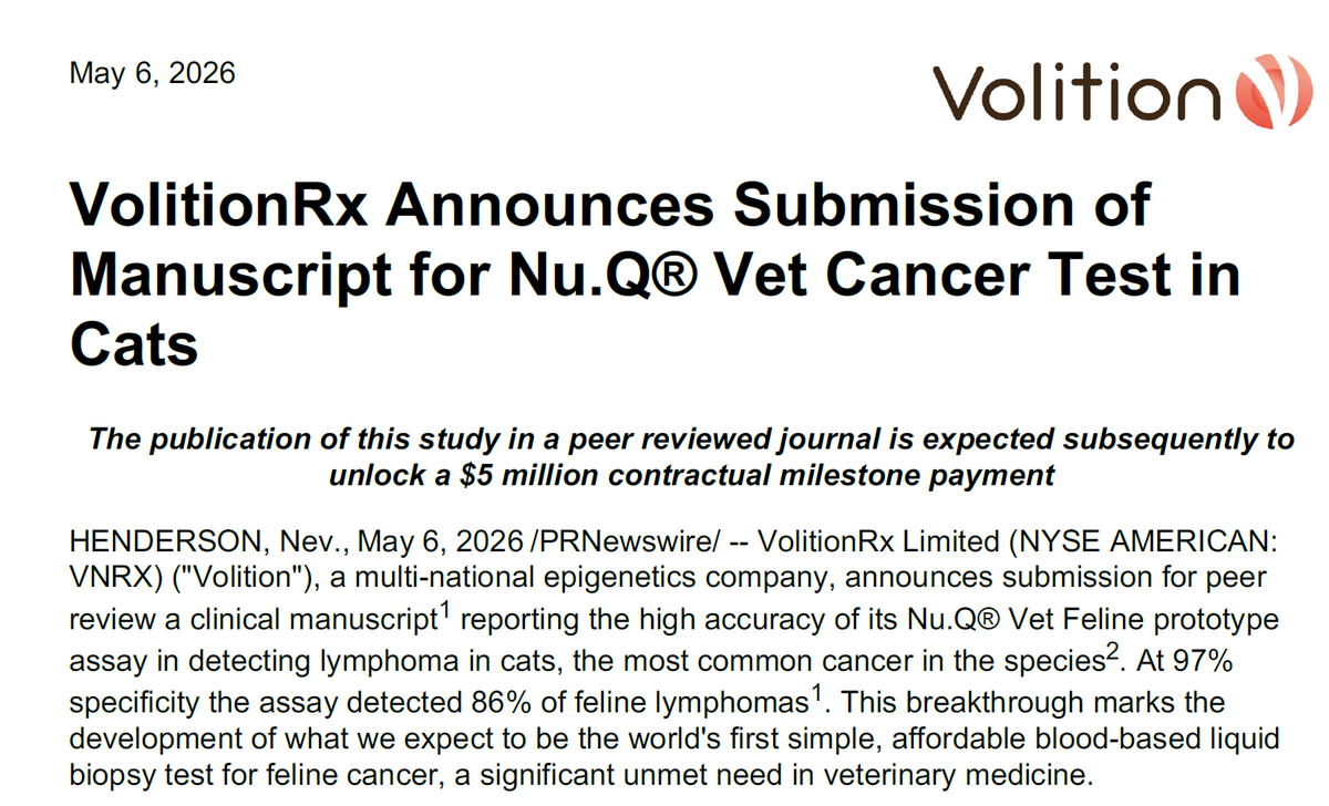 $VNRX The publication of this study in a peer reviewed journal is expected subsequently to unlock a $5 million contractual milestone payment  ir.volition.com/news-events/pr… <a href="/VolitionRx/">Volition</a>