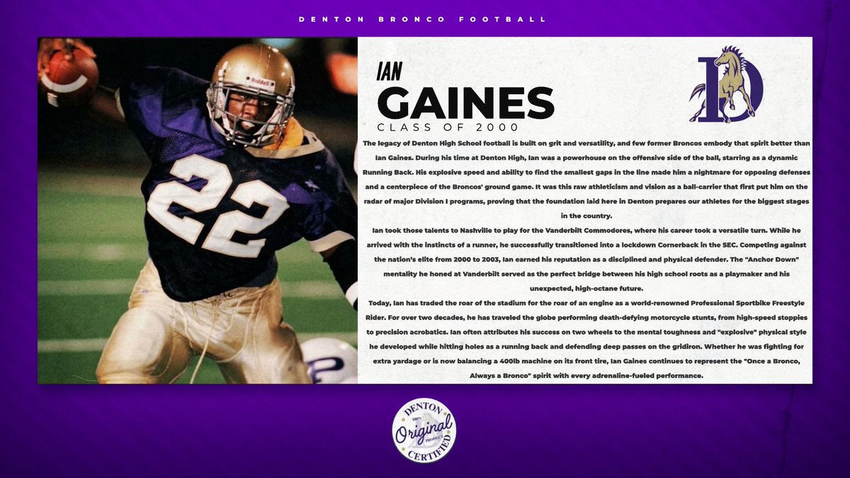 DentonFootball's tweet photo. #DentonOriginal

From Bronco football to the world stage.

Ian Gaines — Class of 2000.

A playmaker in Denton. A competitor in the SEC. A fearless rider known around the world.

No matter where life takes them, Denton Originals continue to represent the standard.

#THEDentonHigh https://t.co/VrP2xHl6Mj
