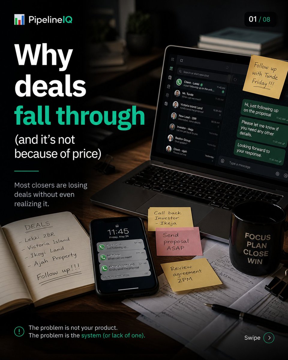 thialoh's tweet photo. Most closers don’t lose deals because they can’t sell.
They lose deals because they forget.
Forgotten follow-ups.
Scattered conversations.
PipelineIQ helps you track every deal.
comment pipeline
#RealEstateAgent #RealEstateSales  #RealtorTools #RealEstateBusiness  #SalesTracking https://t.co/Cu4haRX9Bo
