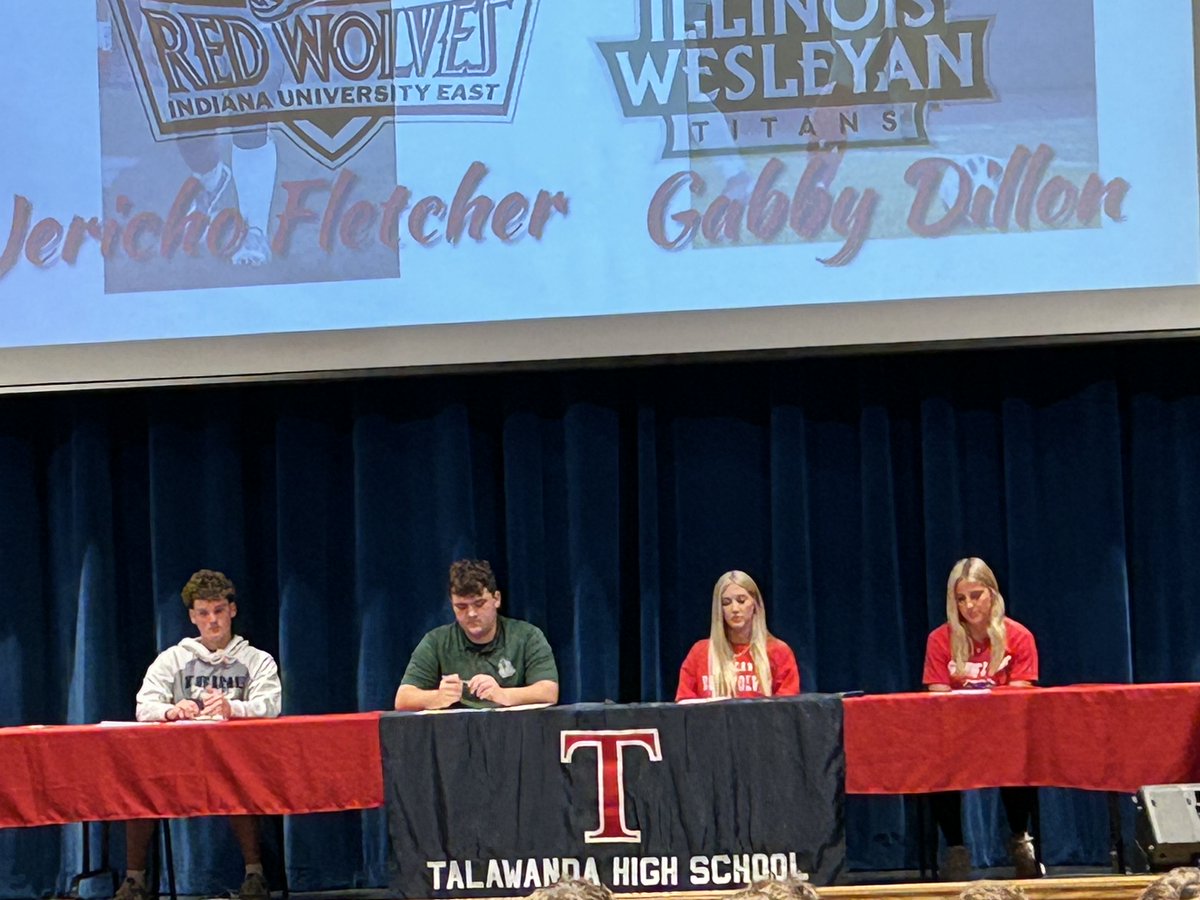 Talawandabaseb1's tweet photo. Congratulations to our spring athletic signees: Ryan Warholak, Gabby Dillon, Abbie Curry, and THS 1st baseman Jericho Fletcher!! https://t.co/DuT7RRS2vo
