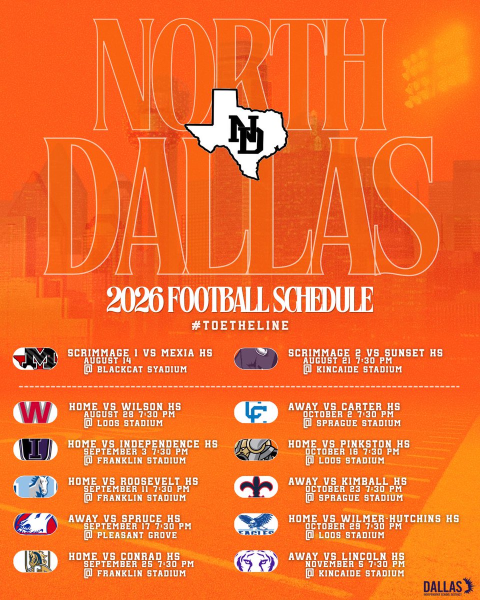 NDallasFootball's tweet photo. The 2026 schedule is LOCKED IN — and North Dallas is ready to make noise. Every snap, every hit, every Friday night… we’re coming for it all.

Protect the line. 

Defend the city.
 #TOETHELINE https://t.co/xIk6PEBHsI