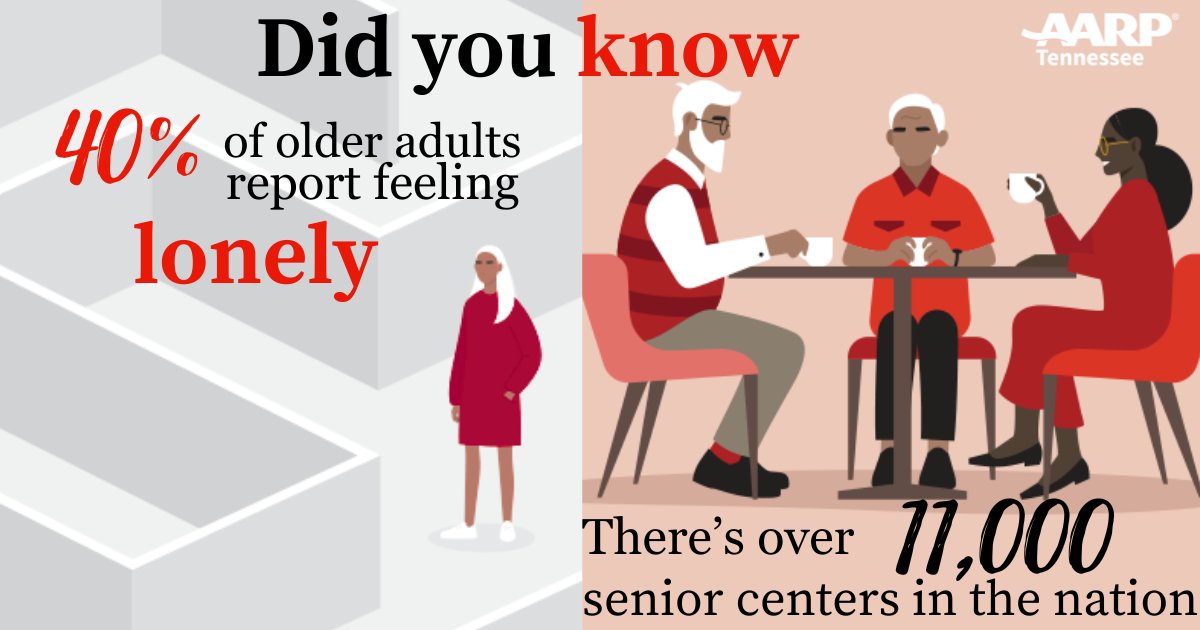 AARPTN's tweet photo. Loneliness impacts millions of older adults – but opportunities to connect are closer than you might think.
Check the link below to find senior centers to help you connect to your community. ⬇️ https://t.co/IyTp3Lnk3H