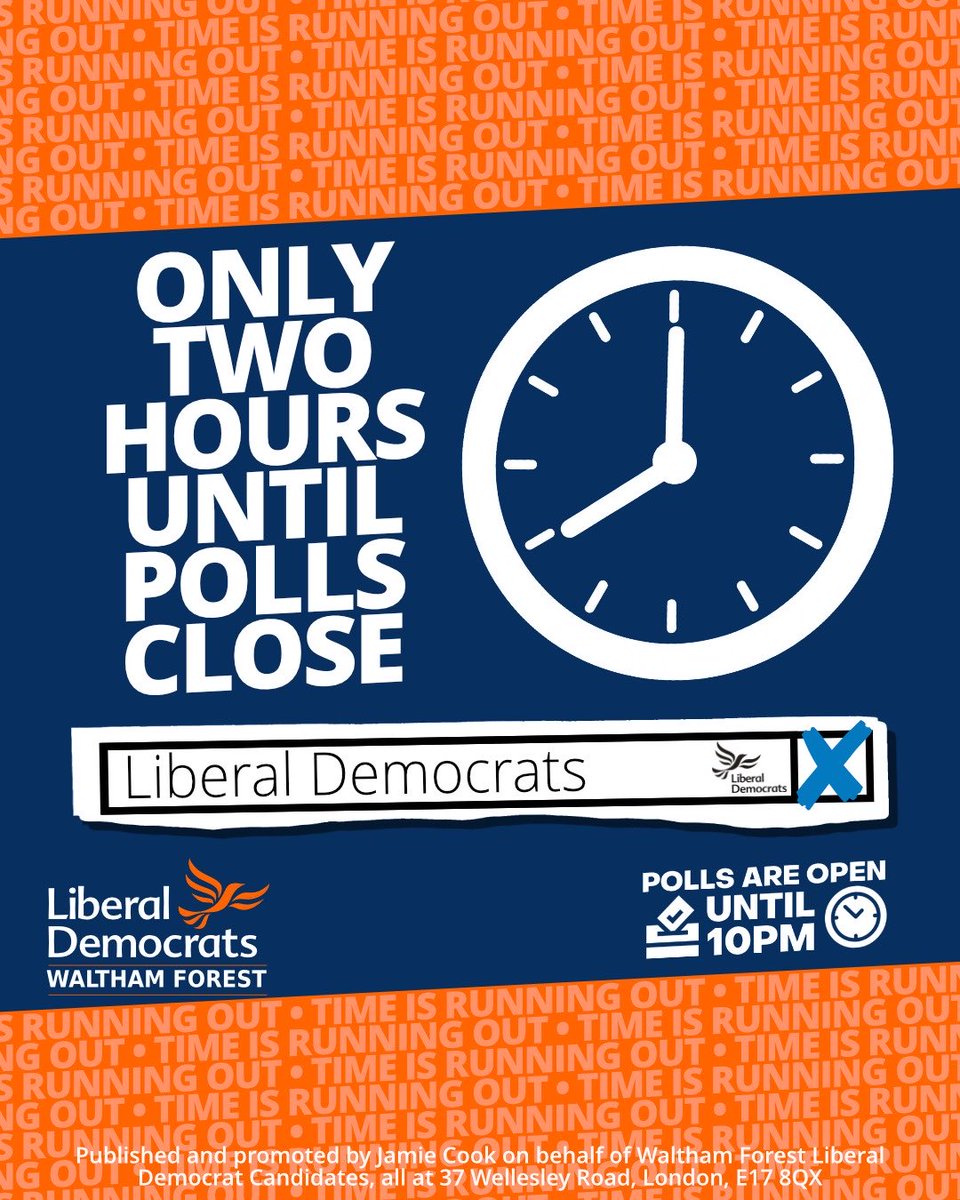 wflds's tweet photo. Final 2 hours before the polls close. Every vote counts!
#VoteLibDem #walthamforest #localelections https://t.co/ttMcOIlHBq