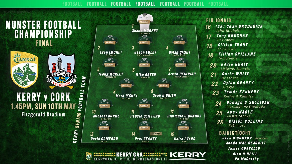 Kerry_Official's tweet photo. 🏐 TEAM ANNOUNCEMENT | Munster Senior Football Championship

Kerry host Cork in the 2026 Munster Senior Football Championship Final.  

For full team news: https://t.co/3JNVkiC84M

#WeAreKerry #CiarraíAbú https://t.co/AuJ1l3Zww2