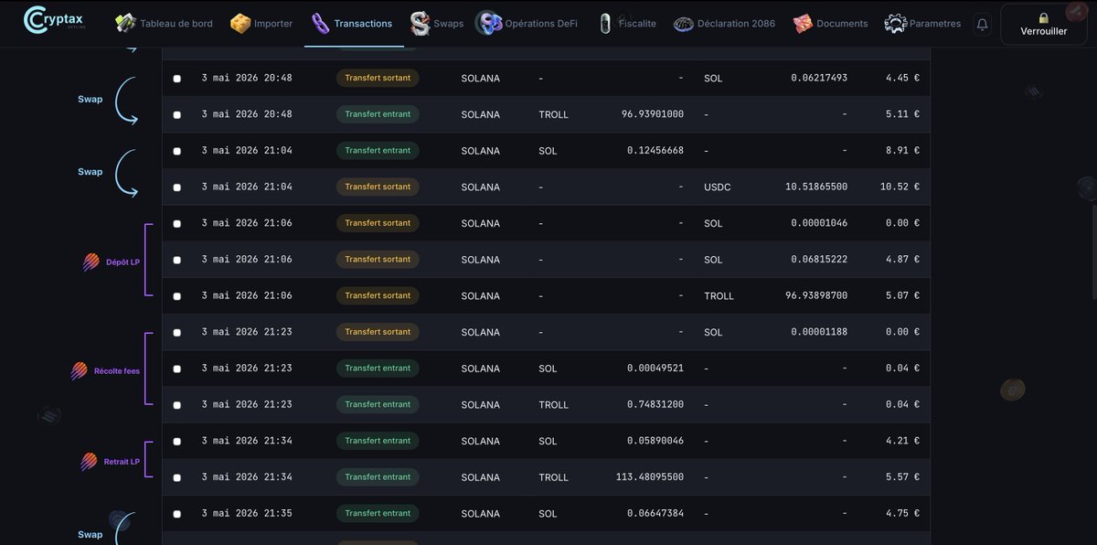 CryptaxOffline's tweet photo. Avec CrypTax, c'est différent.

Prenons l'exemple d'une simple position en LP sur @MeteoraAG avec la paire SOL/Troll en DLMM. Celle-ci génère pas moins de 8 transactions.

Voici la détection réalisée par CrypTax séquencée en 3 temps : prise de position dans la pool, sortie et récolte des fees.